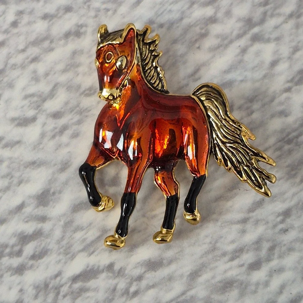 Vintage Enamel Horse Brooch Amber Gold Tone Equestrian Pin Accessory Glossy